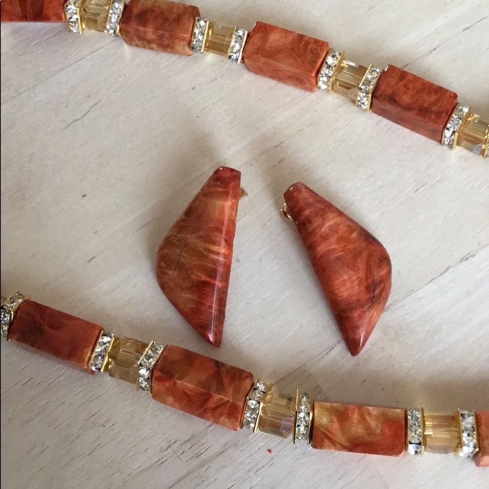 Red Elder Wood And Crystal Necklace, And Earrings